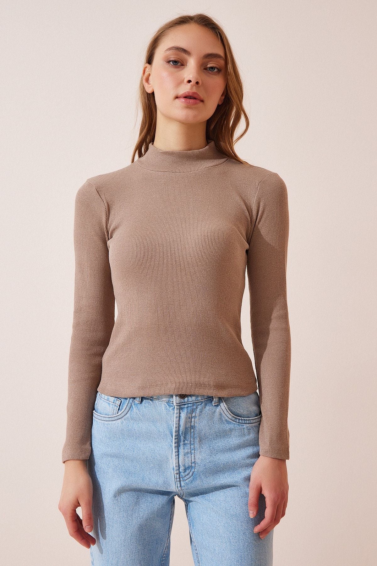 Female beige fisherman collar wick knitted blouse GT00054