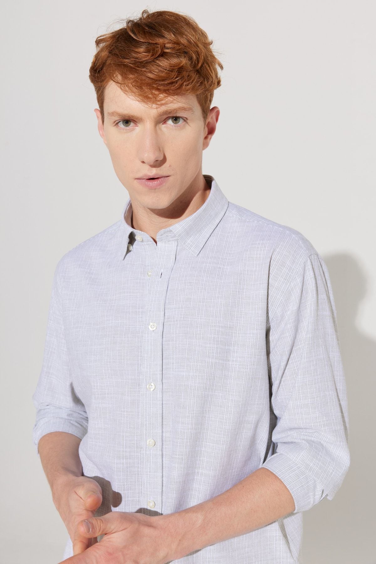 Men's Green Comfort Fit comfortable cut hidden buttoned collar 100 %cotton striped shirt