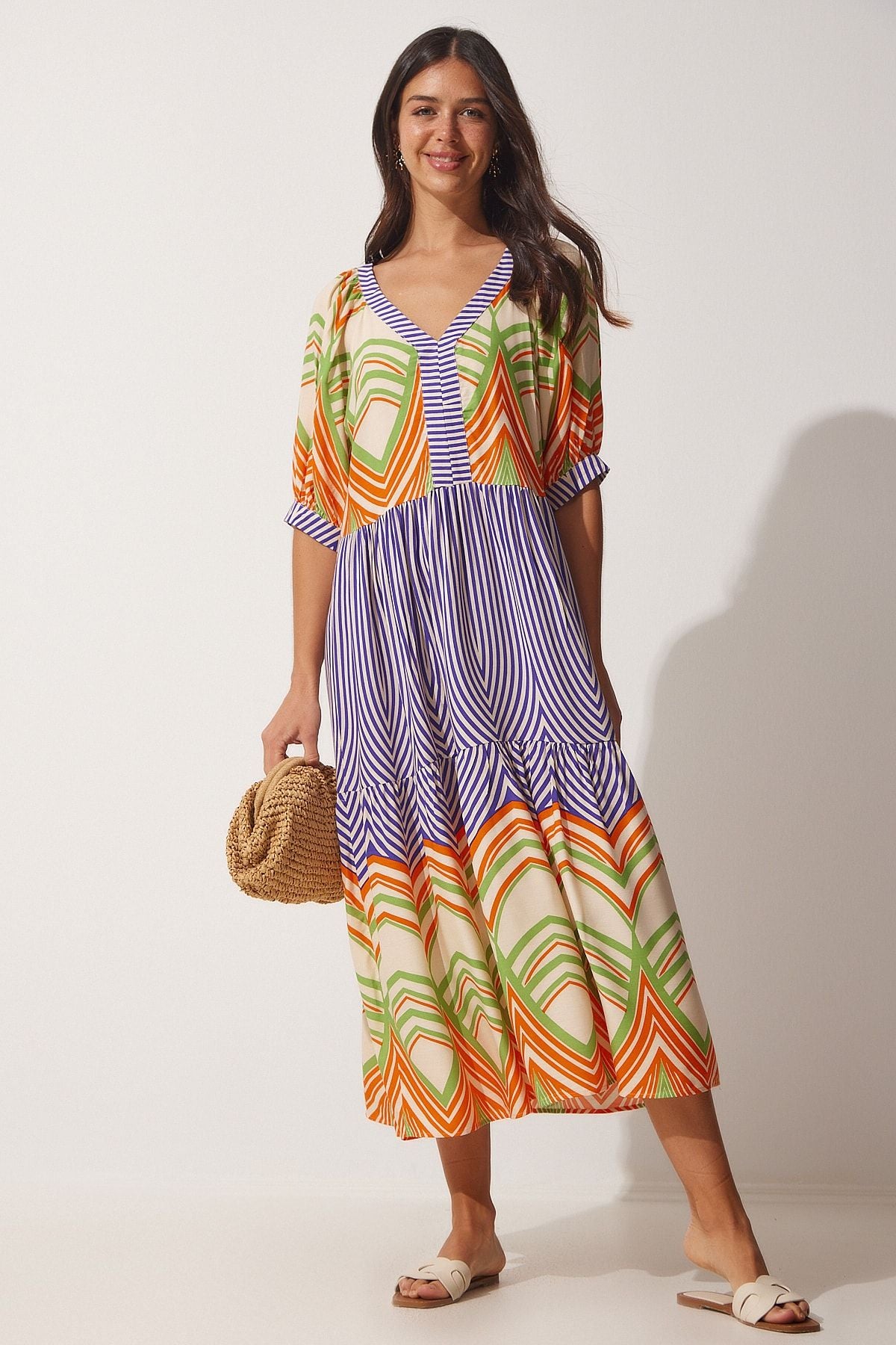 Female Green Orange Patterned V -Neck Summer Viscose Dress DD01215