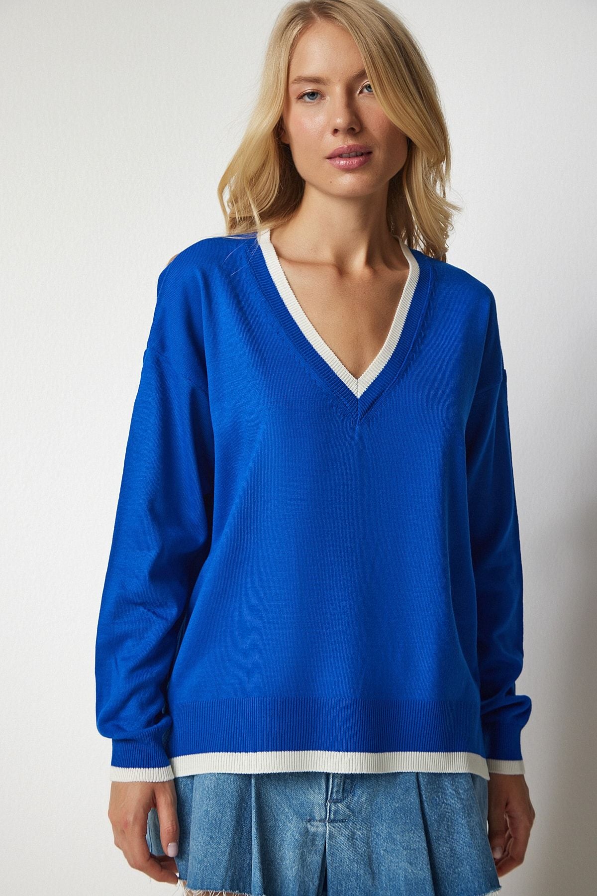 Woman Blue V Yaka Oversize Knitwear Sweater BV00081