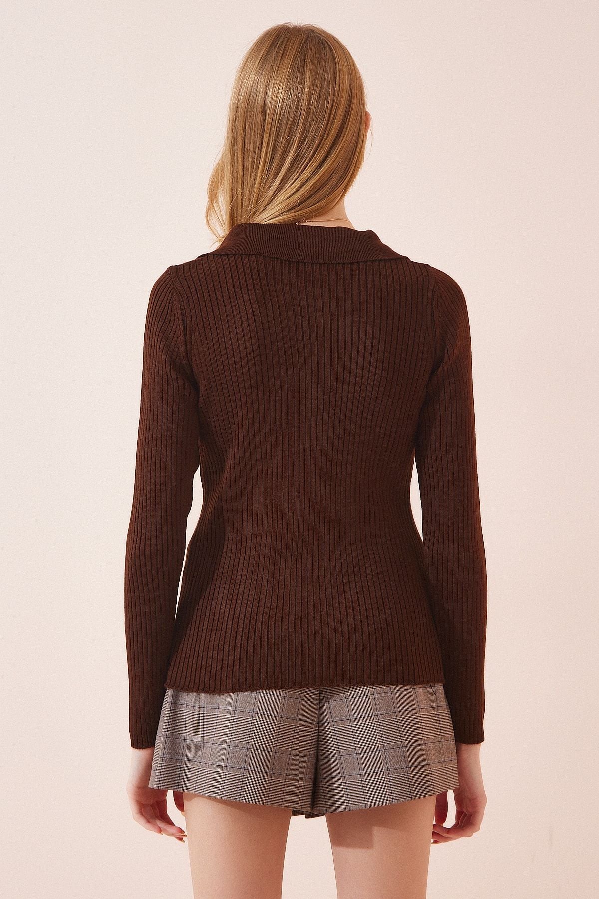 Woman Dark Brown Polo Yaka Various Crop Knitwear sweater VA00028