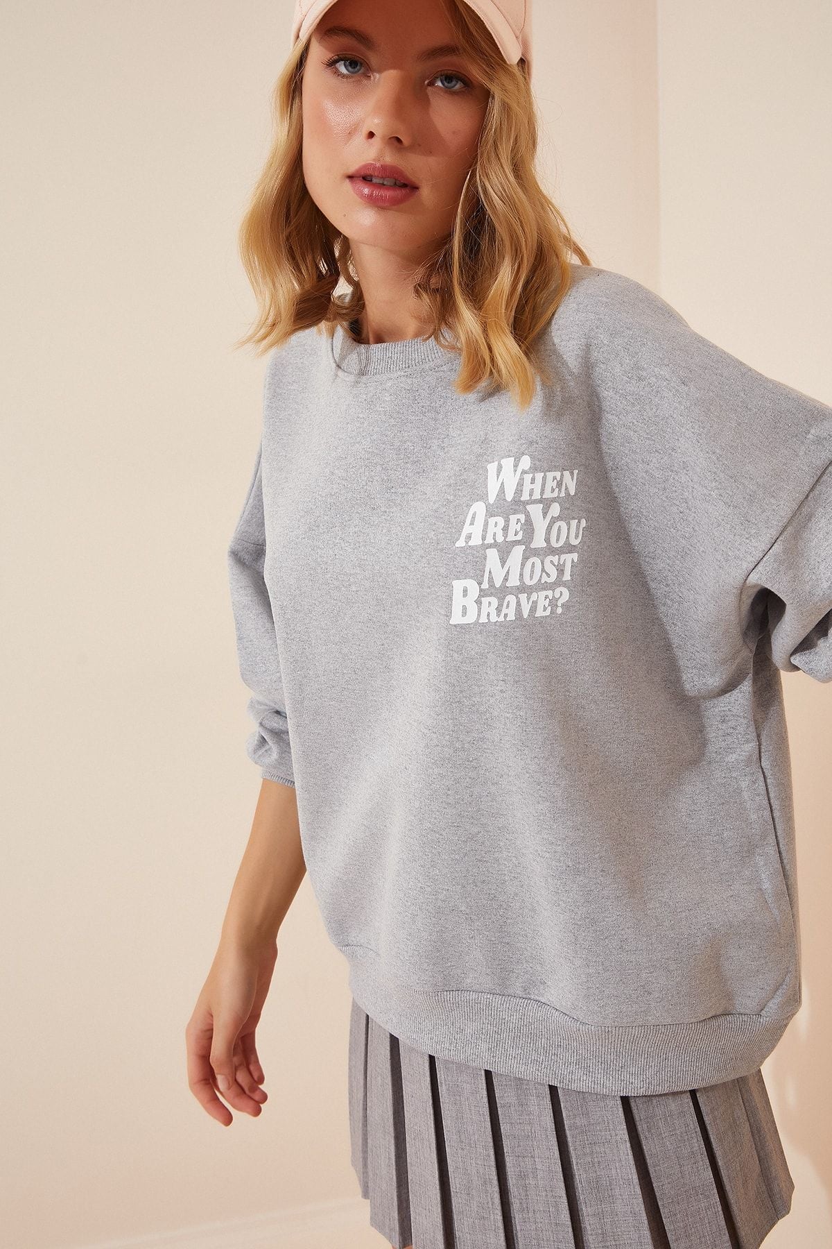 Women's Gray Melange Printed Basic Sweatshirt DZ00001