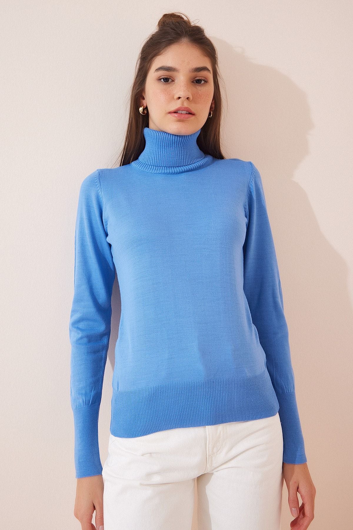 Woman Light Blue Fisherman collar light balloon sleeve knitwear sweater DD01126