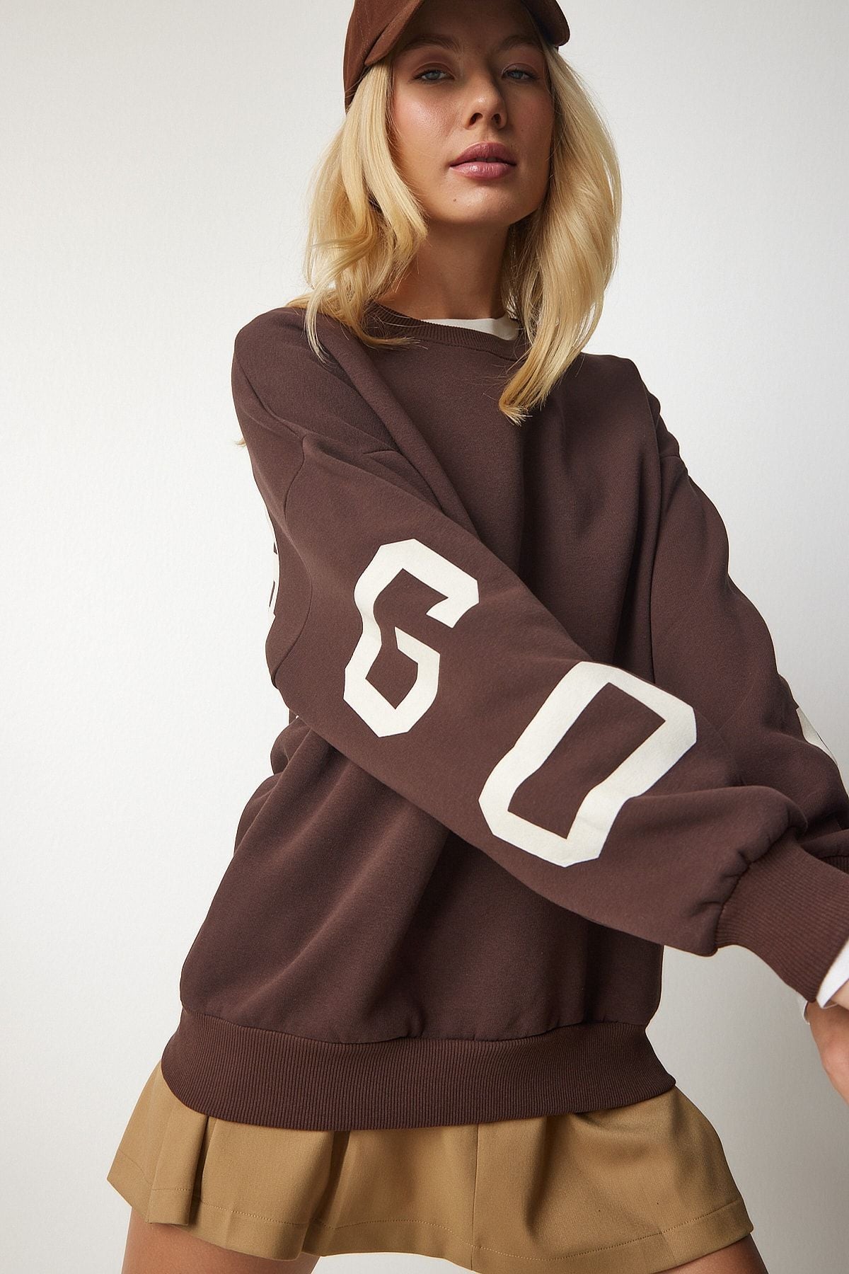 Female brown printed overwheel sweatshirt HF00440