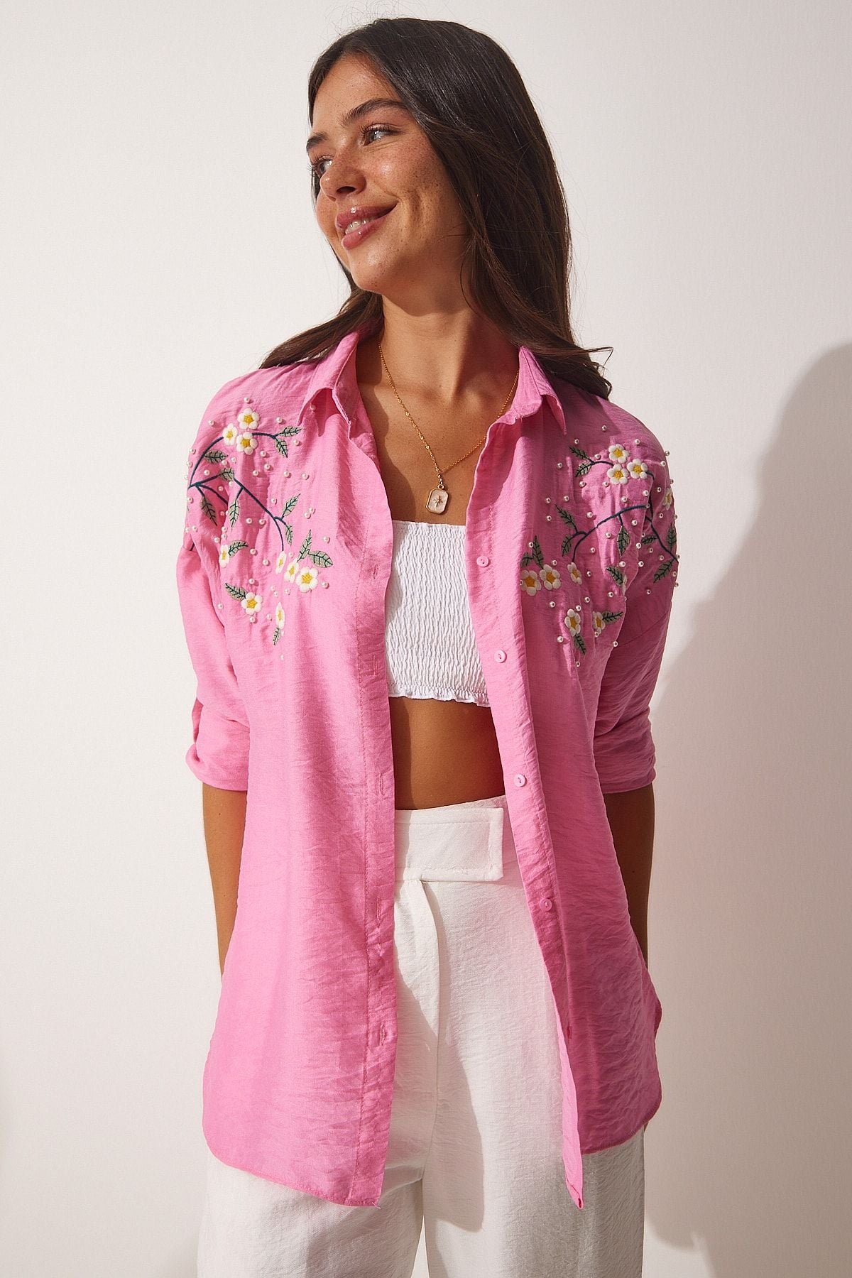 Woman Pink Gospel Embroidery Oversize Ayrrin Shirt WK00001