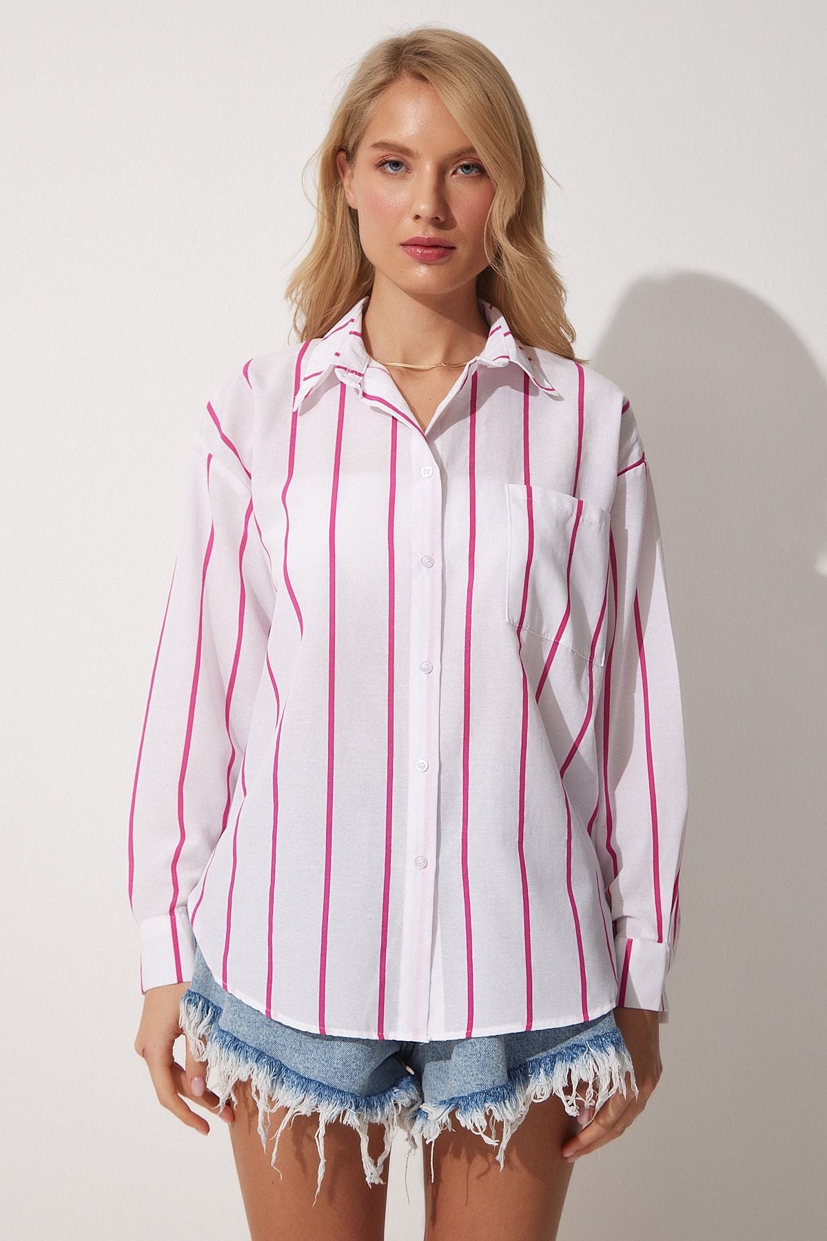 Woman Pink White Striped Oversize Long Cotton Shirt DX00005