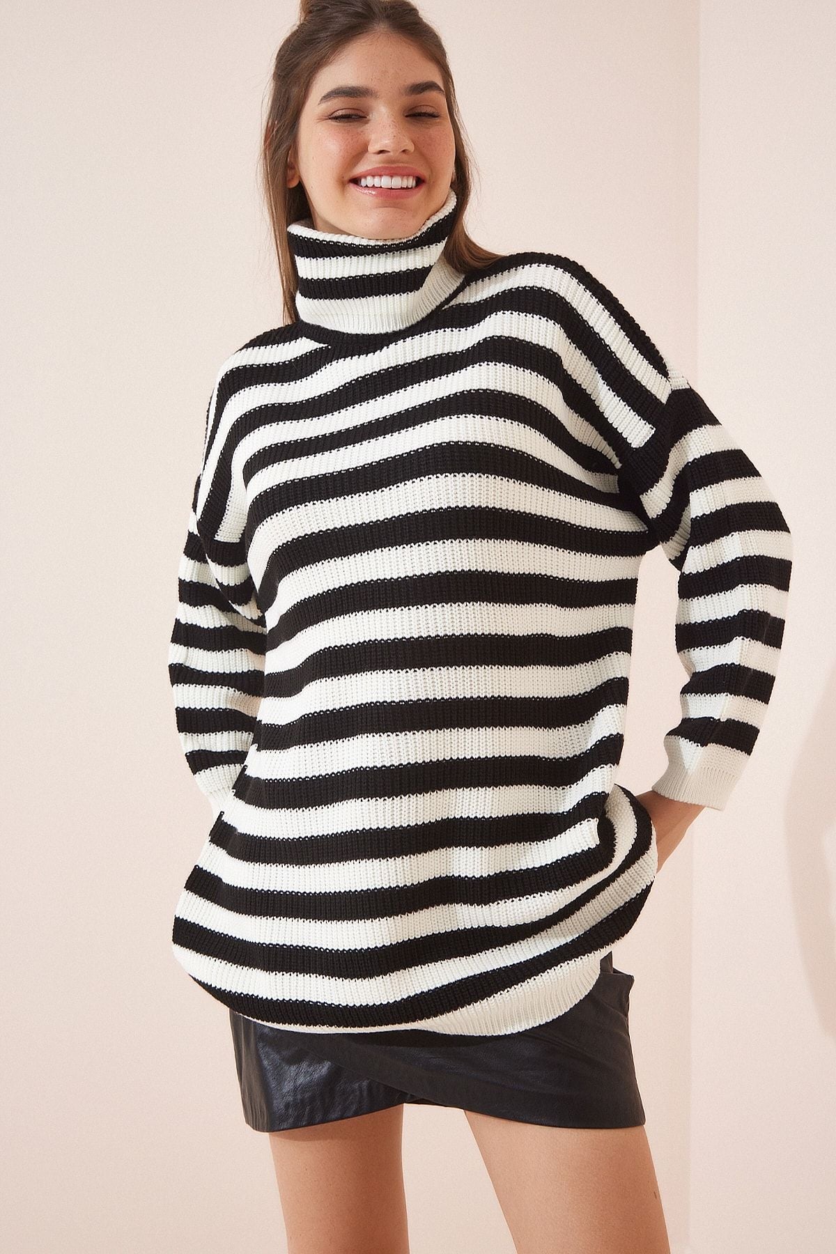 Woman Ecru Black Striped Oversize Long Triko Kazakh YY00093