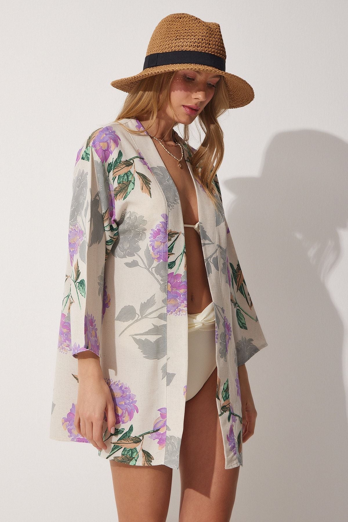 Female Beige Lila Patterned Kimono BH00381