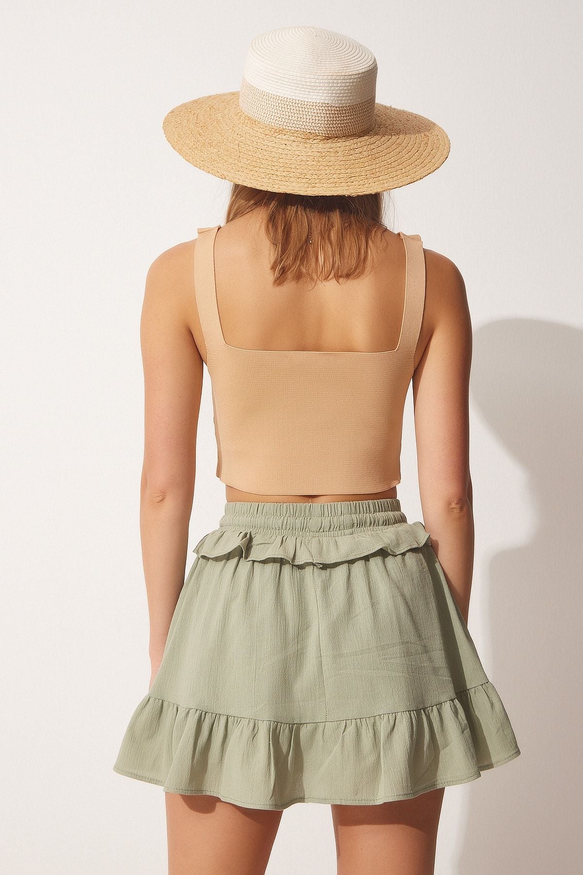 Female Khaki Ruffed Linen Short Skirt MC00196