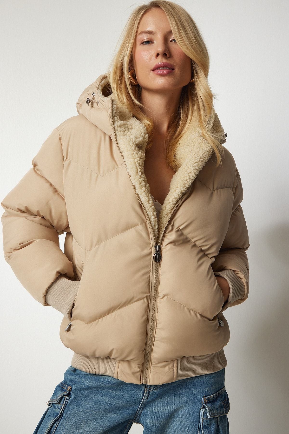 Female Beige Hooded Inflatable Coat VP00006