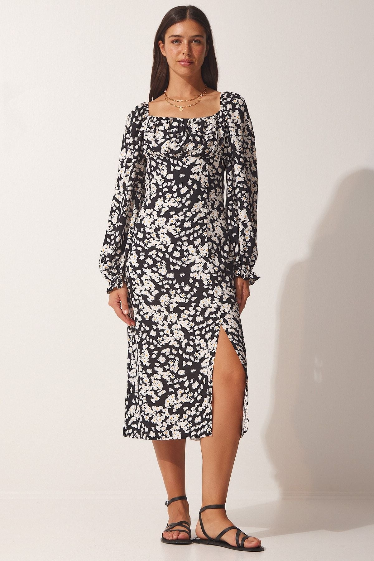 Female black patterned viscose weaving dress FN03073