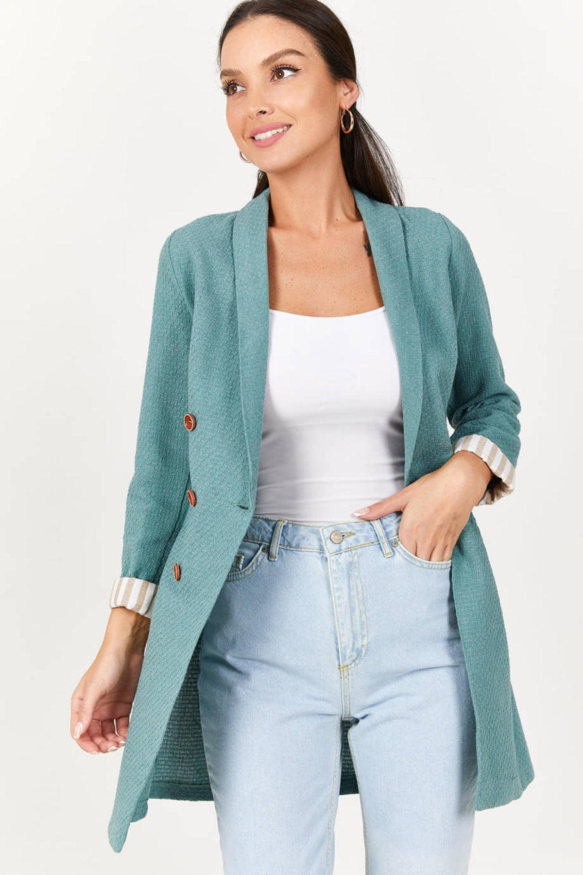 Women's Turquoise Long Sleeve Striped, Self-patterned Long Jacket ARM-22Y001090