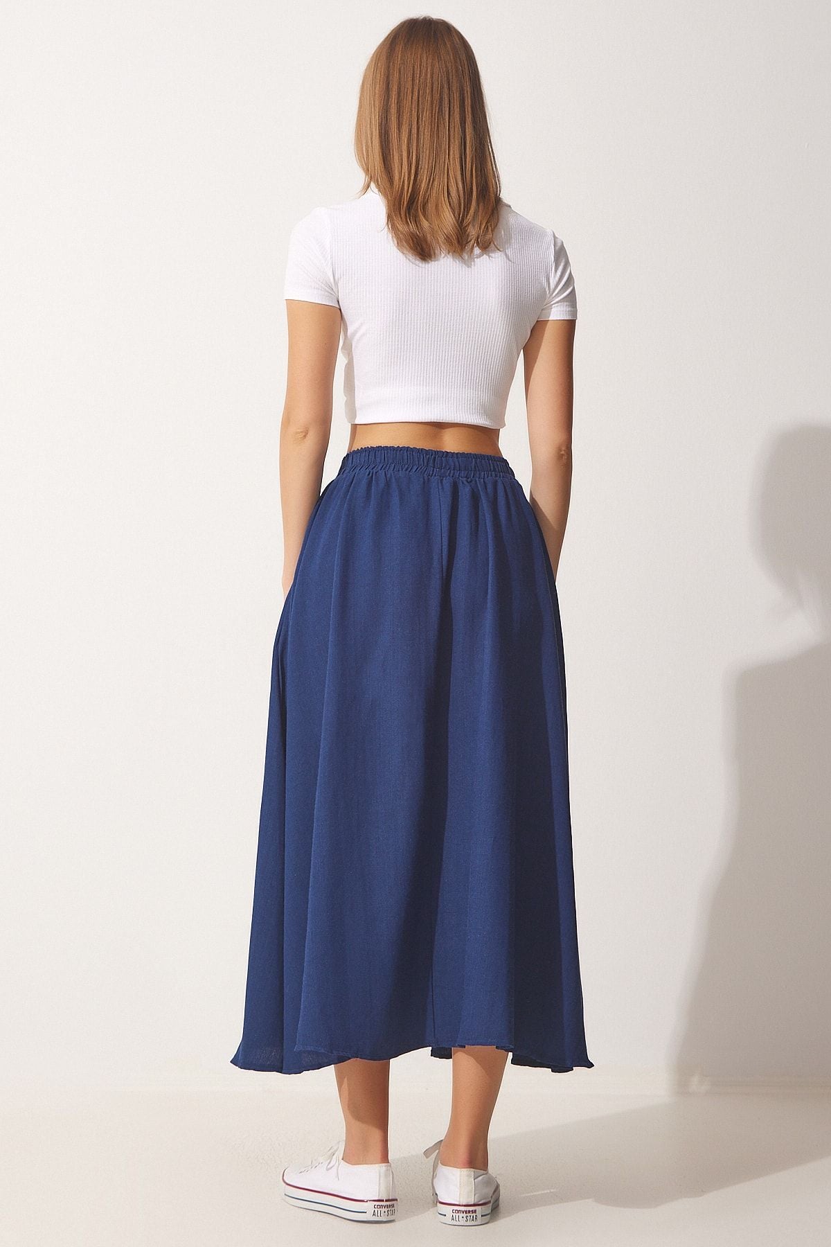 Female navy blue pocket linen cloach skirt mc00195