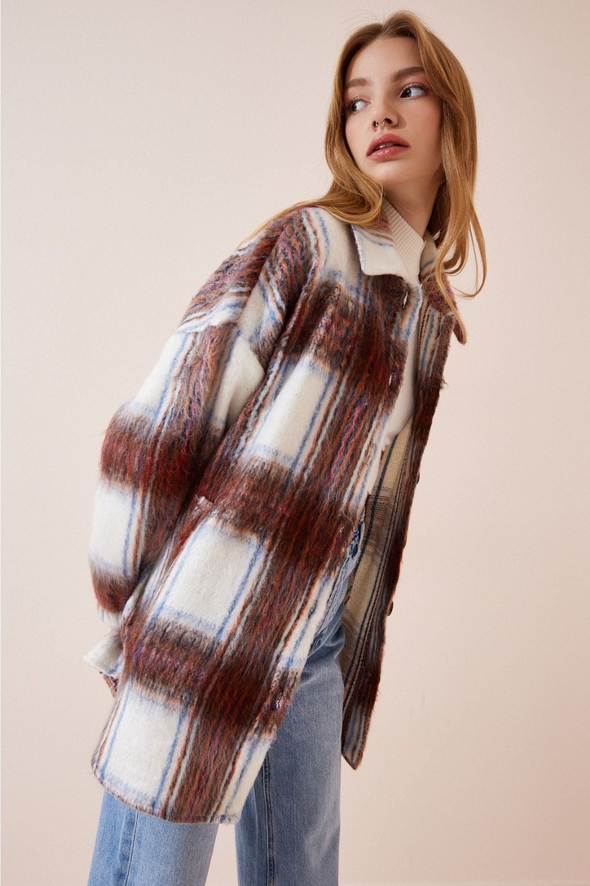 Woman Ecru Tile Wool Effective Oversizle Stamp Shirt Jacket DD01145