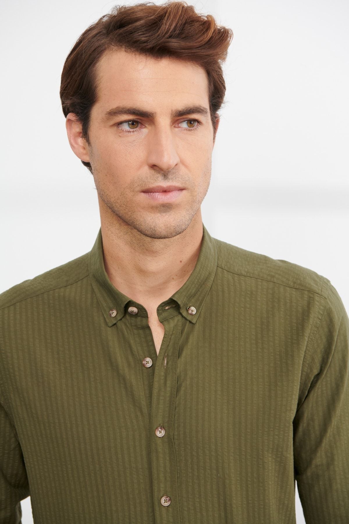 Male Khaki Slim Fit Narrow Cutting Buttoned Neck 100 %Cotton Shirt