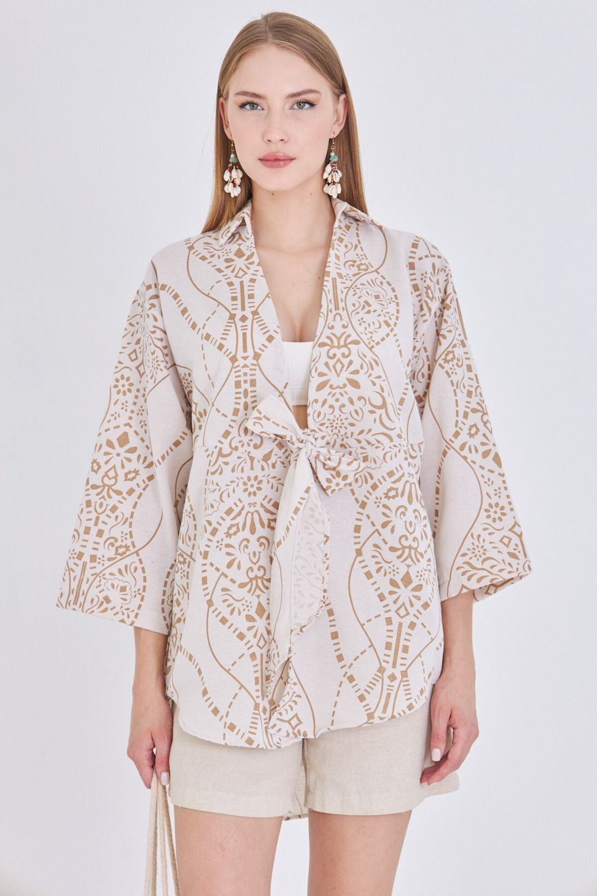 Women's Cream Patterned Linen Look Front Tie Kimono Shirt ARM-24Y001079