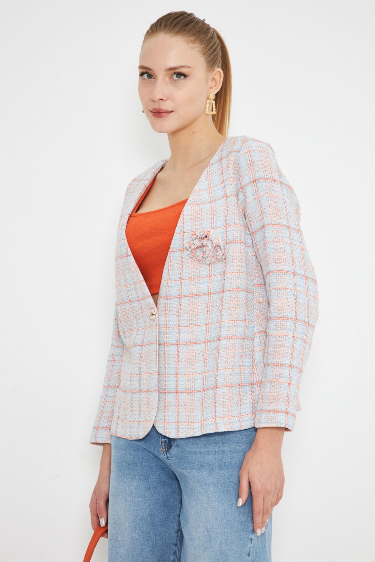 Women's Baby Blue-Orange V-Neck Collar Brooch Detailed Plaid Jacket Arm-25k001033