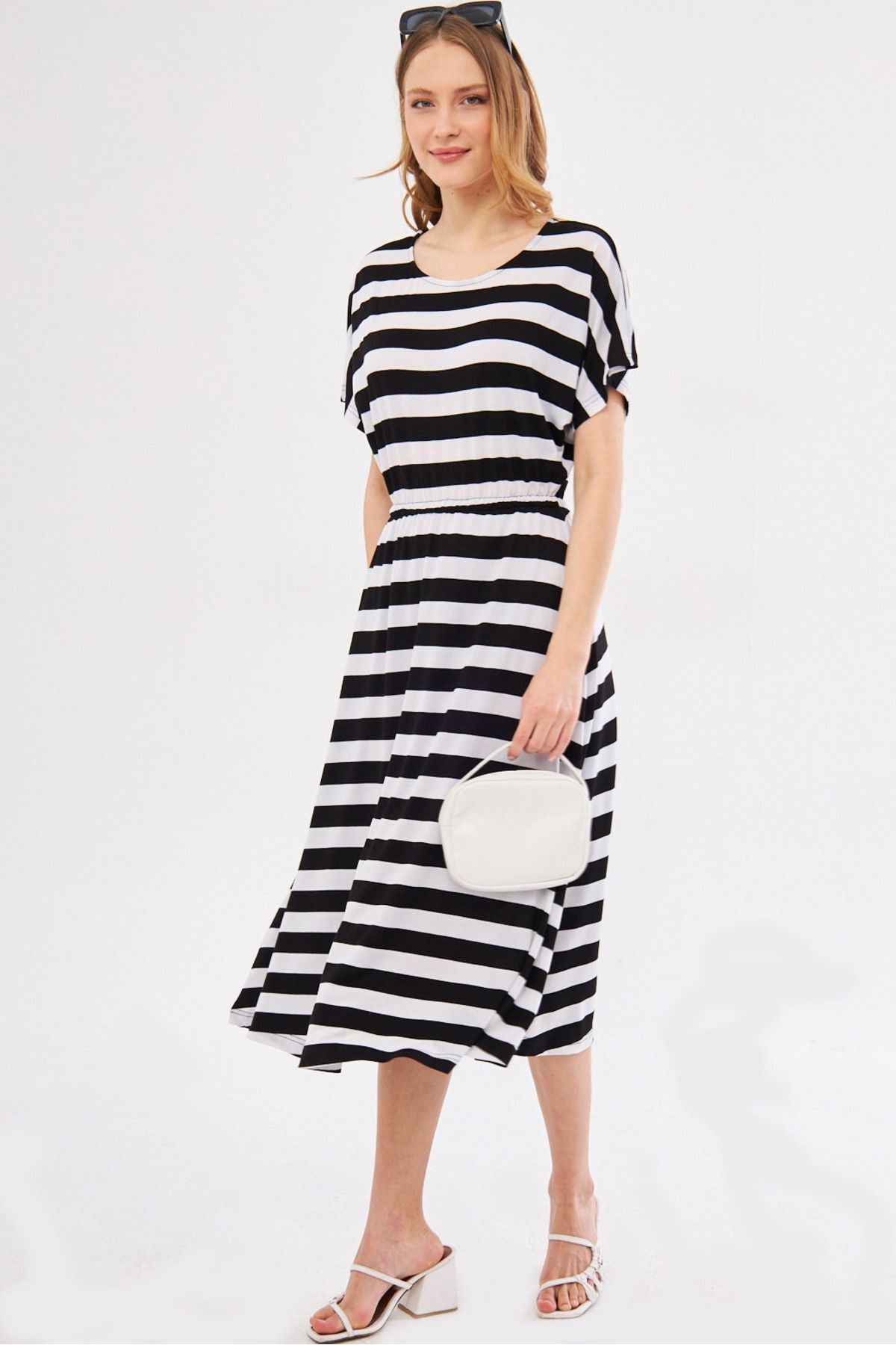 Women's White Dekatessera Dress Bat Sleeve Waist Elastic Skirt Lined Striped Midi Size ARM-24Y001036