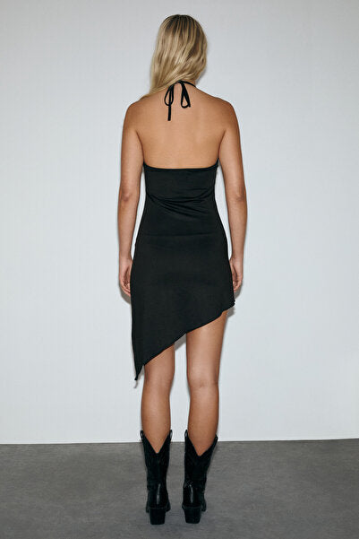 MAJARA Women's Flexible Fabric, Strappy Collar, Asymmetrical Hemline Black Dress