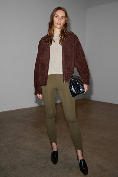 RYSANNE Women's Stretchy Fabric Slim Fit Khaki Trousers with Elastic Detail on the Leg