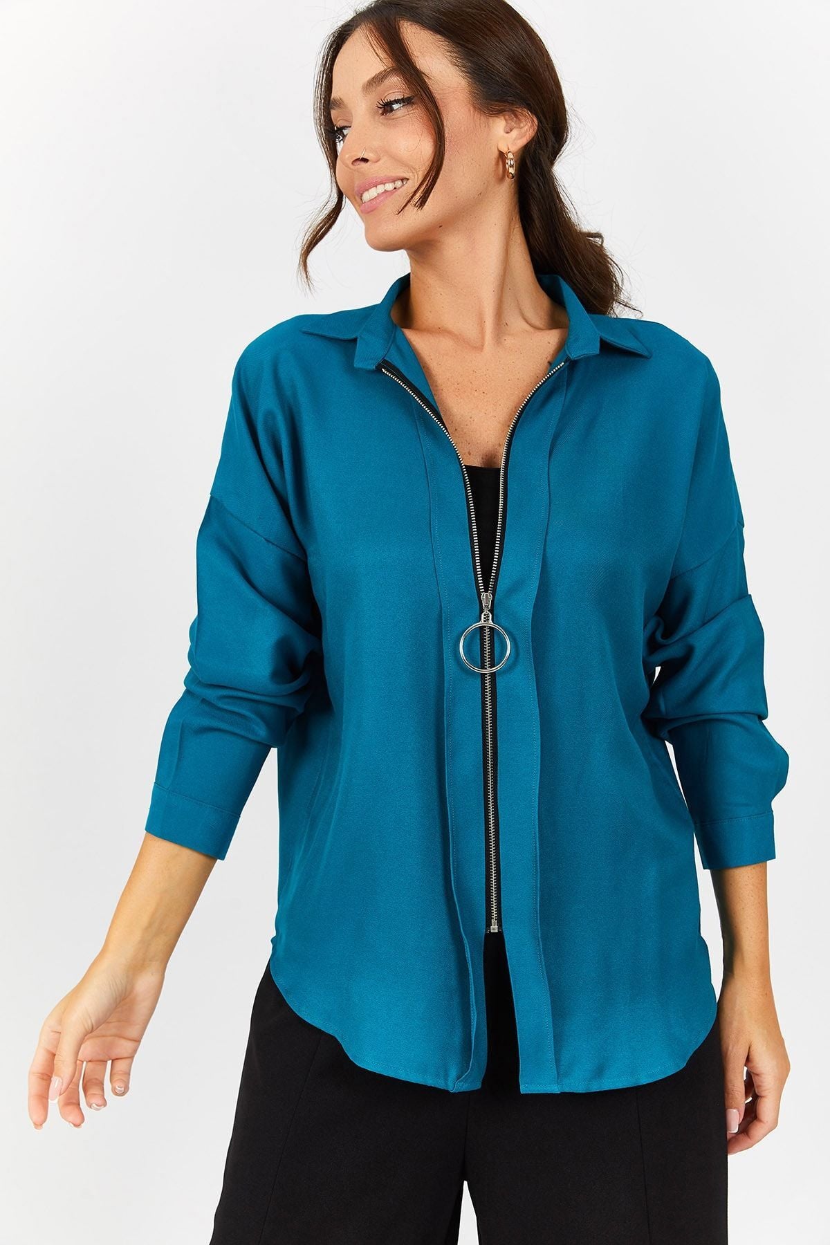 Women's Petrol Front Zippered Casual Shirt ARM-21K024090