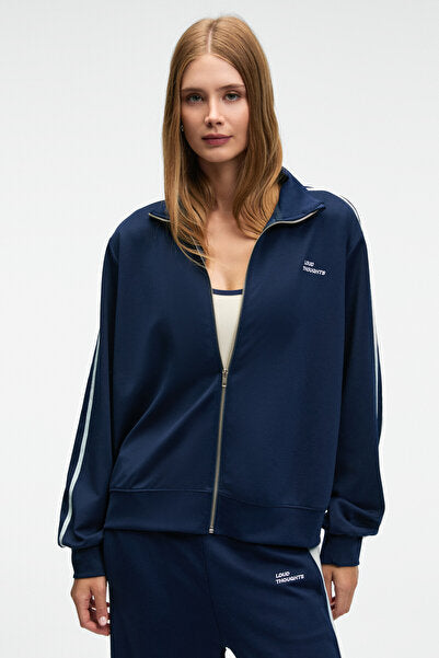 ZINNIE Women's Regular Embroidery and Side Stripe Detailed Metal Zipper High Collar Navy Blue Jacket