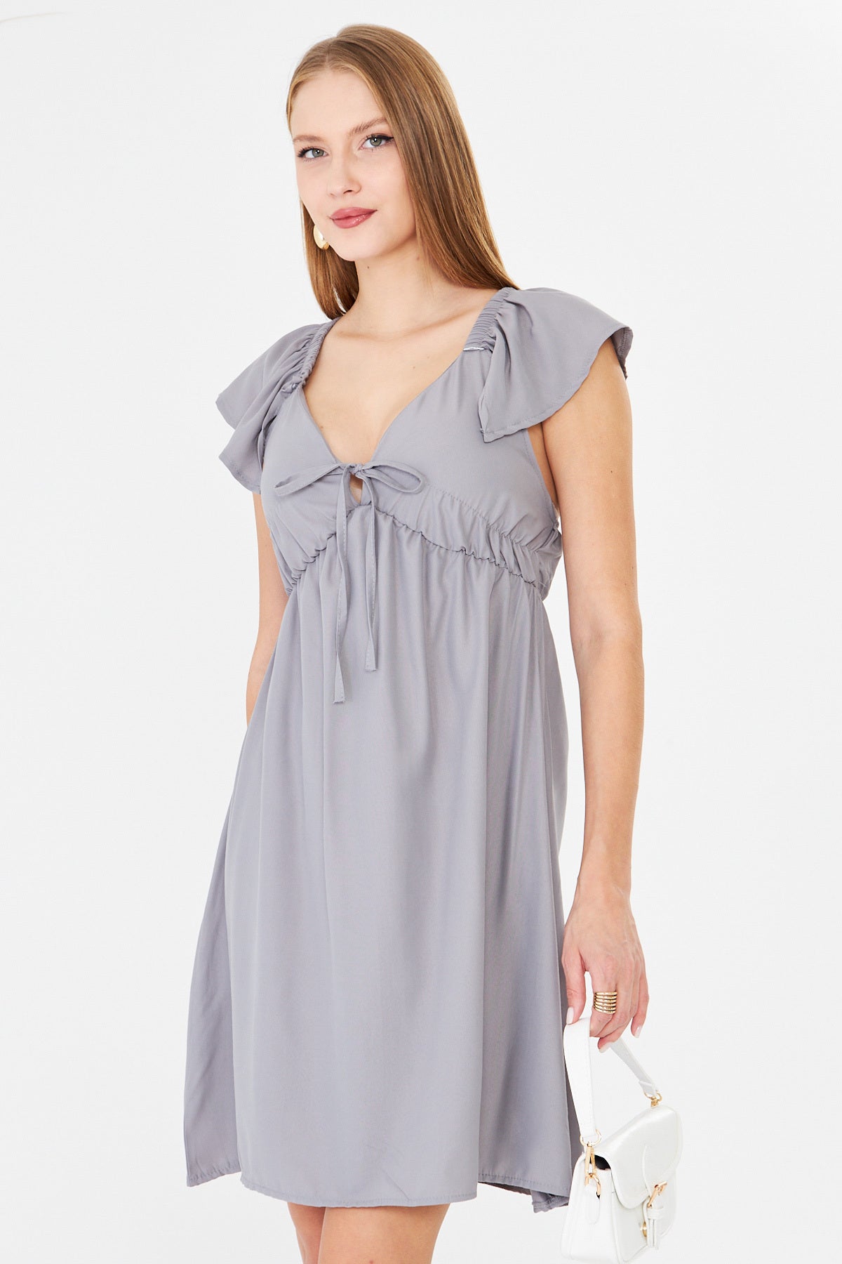 Women's Gray V-Neck Sleeves and Skirt Frilly Tie-Breath Dress ARM-25Y001083