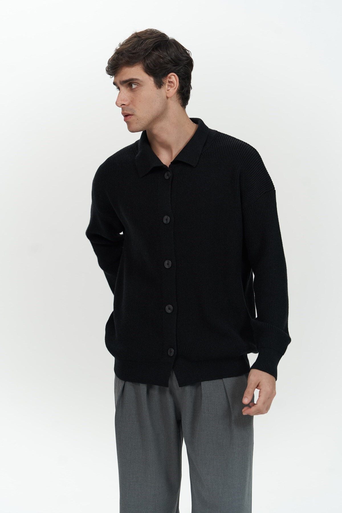 Bastian Button Detail Black Men's Knitwear Cardigan