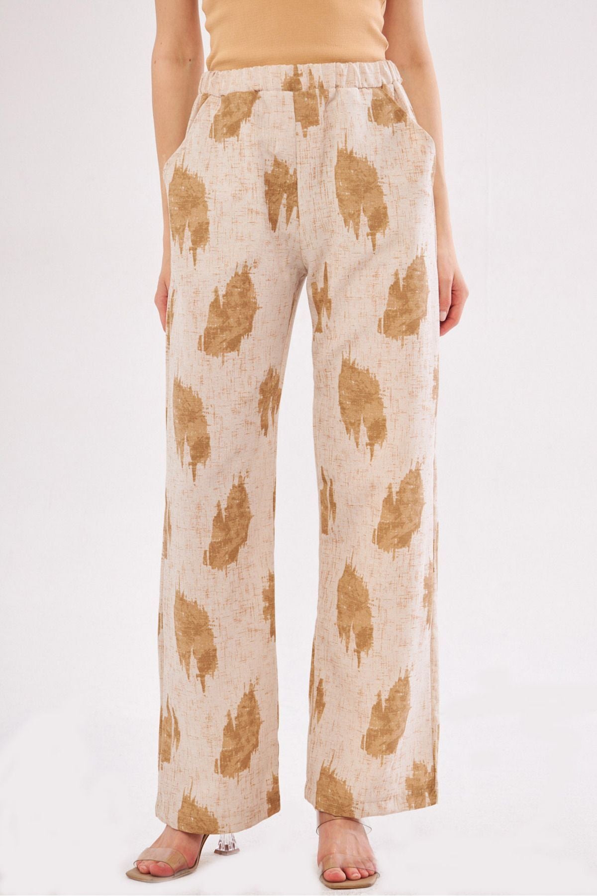 Women's Mink Ena Pants with Elastic Waist Pocket Detail Linen Look Wide Leg ARM-24Y001021