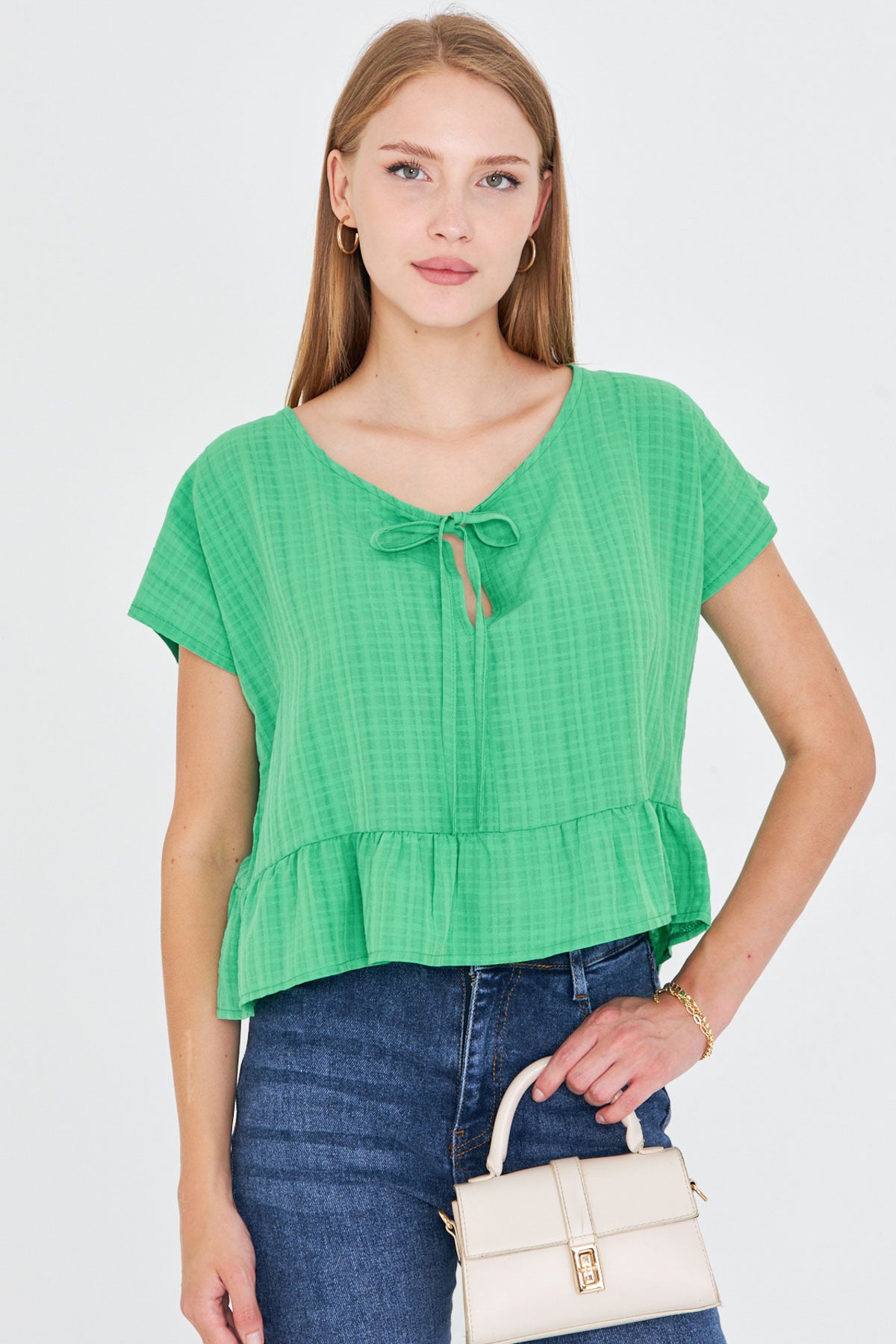Women's Light Green Bat Sleeve Collar Tie-Up Skirt Ruffled Oversize Crop Blouse ARM-24Y001088