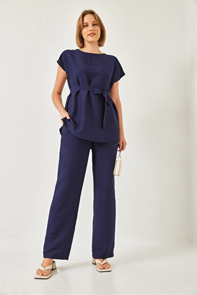 Women's Belted Palazzo Trousers Linen Ayrobin Bottom-Top Set 60323 60271039
