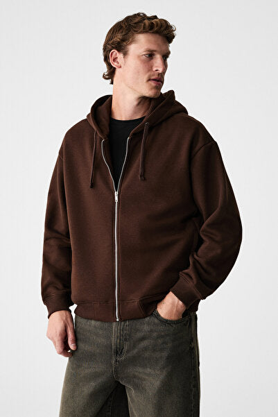 ASHBY Men's Hooded Zipper Pocket Cord Boxy Mold Bitter Brown Sweatshirt
