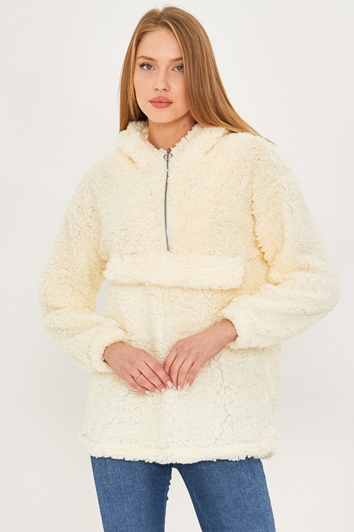 Women's Ecru Hooded Plush Sweatshirt with Pocket Cover ARM-25K001090