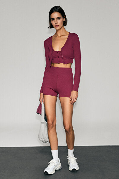 ZERRA Women's Soft and Flexible Fabric Print Detailed Strap Buttoned Claret Red Sports Bra