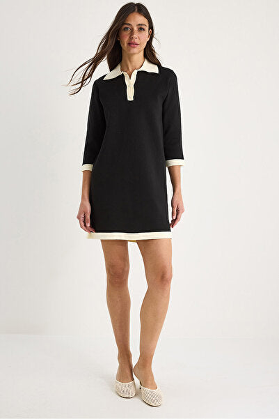 Women's Polo Collar Buttoned Ribbon Detailed Short Comfortable Knitwear Dress 20251042