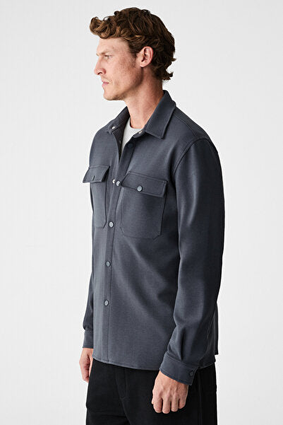 MAZE Men's Special Textured Thick Fabric Anthracite Jacket with Pockets and Snap Fasteners