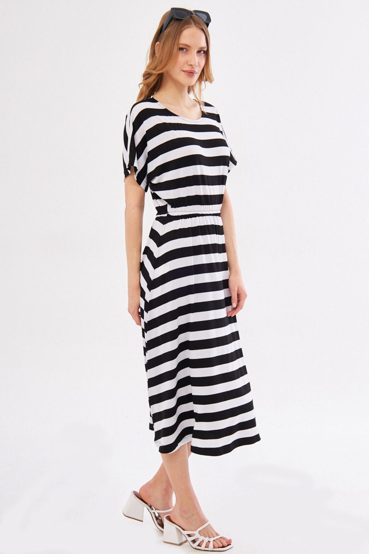 Women's White Dekatessera Dress Bat Sleeve Waist Elastic Skirt Lined Striped Midi Size ARM-24Y001036