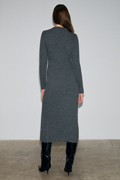 SOREYA Women's Round Neck Stripe Patterned Slit Slim Fit Knitwear Anthracite Dress