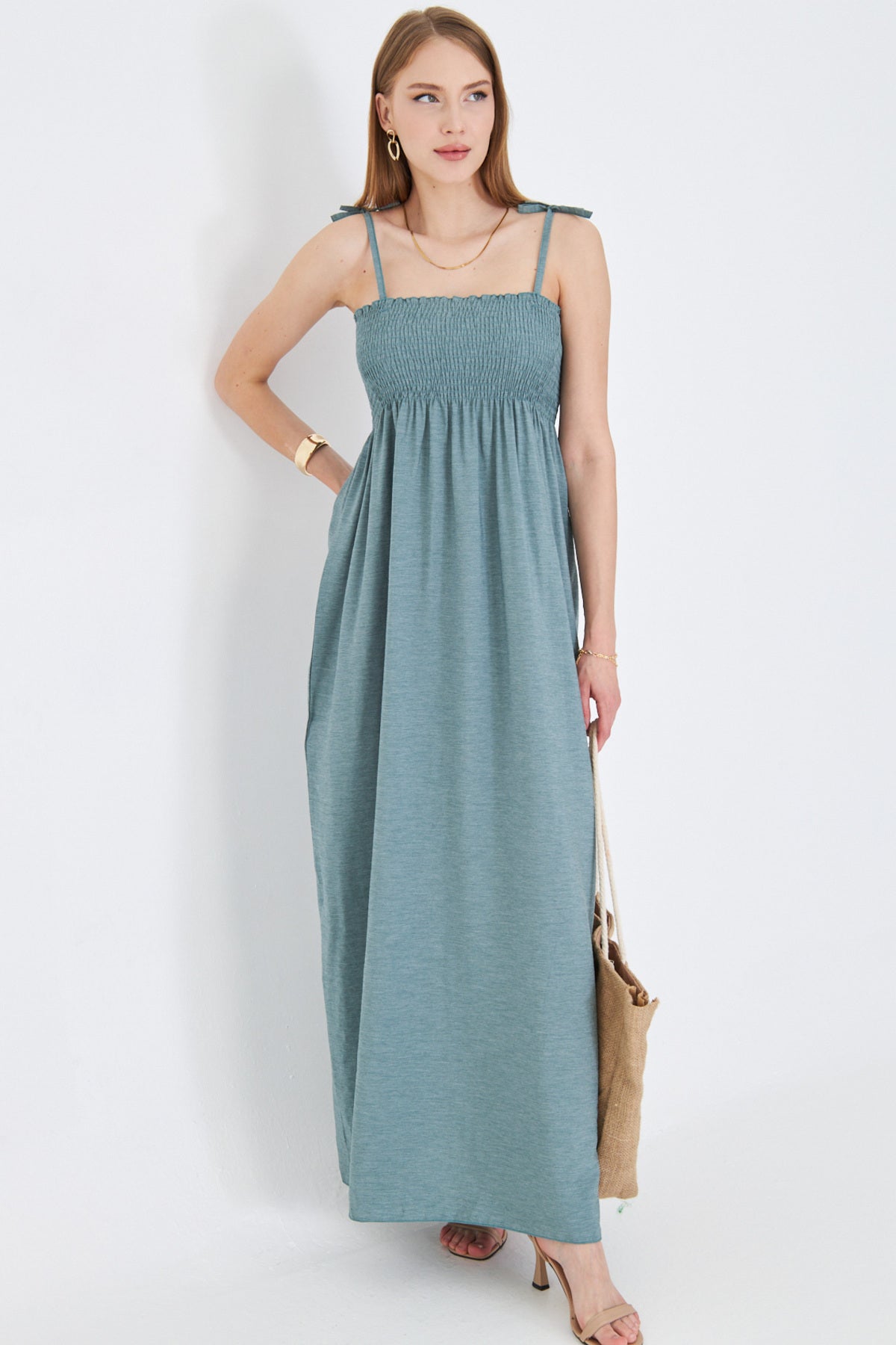 Women's Mint Straps Lace Up Chest Gimped Elastic Long Dress ARM-25Y001069