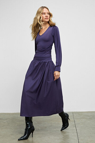 YOKEND Women's V-Neck Puff Detailed Flexible Fabric Skirt Poplin Purple Dress