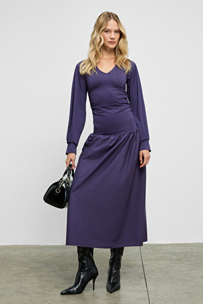 YOKEND Women's V-Neck Puff Detailed Flexible Fabric Skirt Poplin Purple Dress