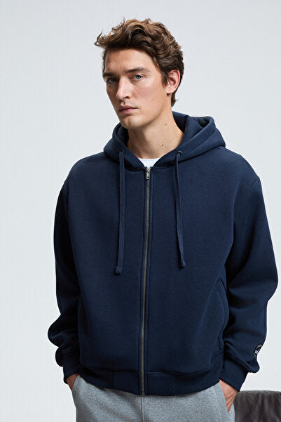 ASHBY Men's Hooded, Zippered Pocket, Drawstring Regular Fit Navy Blue Sweatshirt