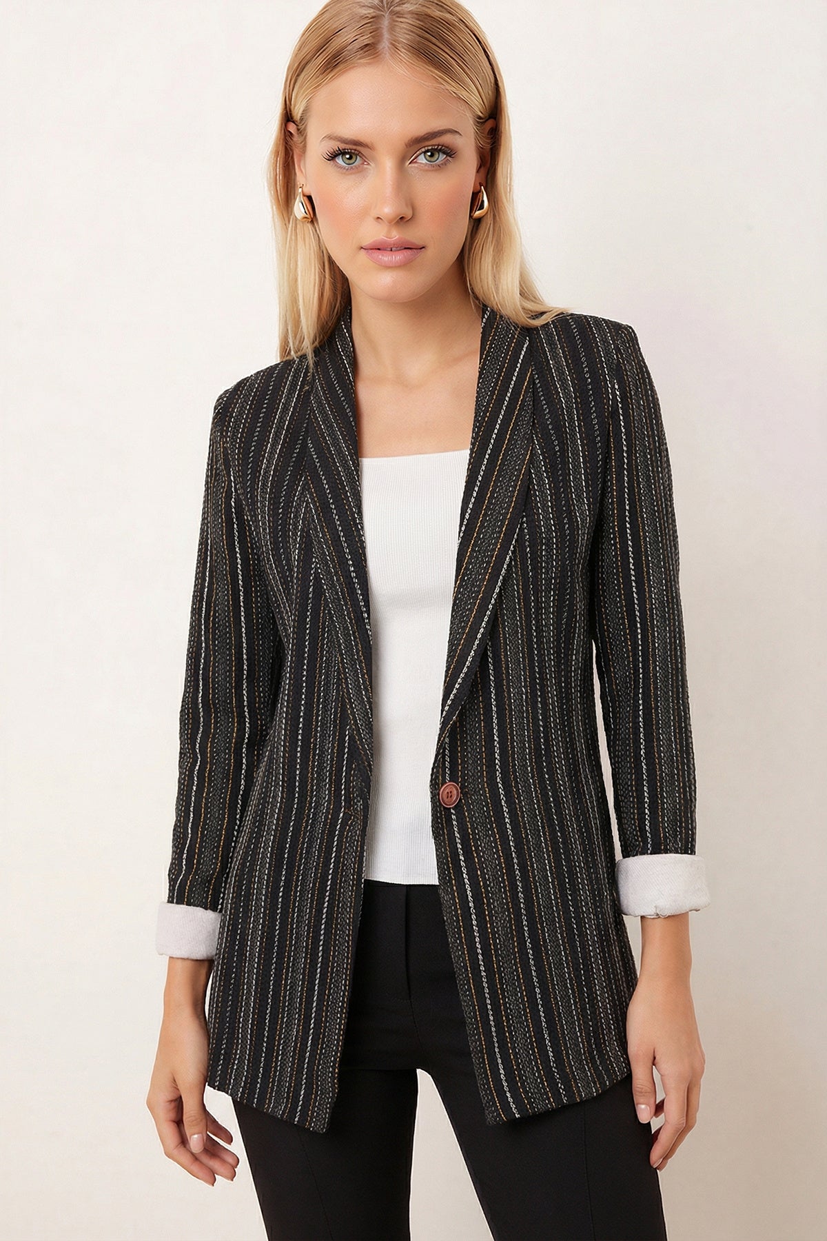 Women's Yellow-White Shawl Collar Sleeves Garnished Single Button Jacket ARM-26K001087