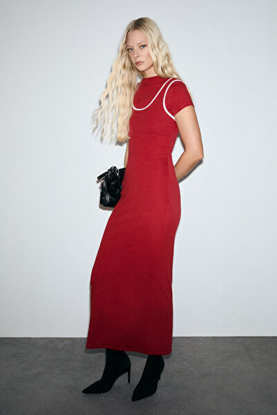 DEPORTS Women's Soft Flexible Fabric Contrast Piping Double Collar Red Dress