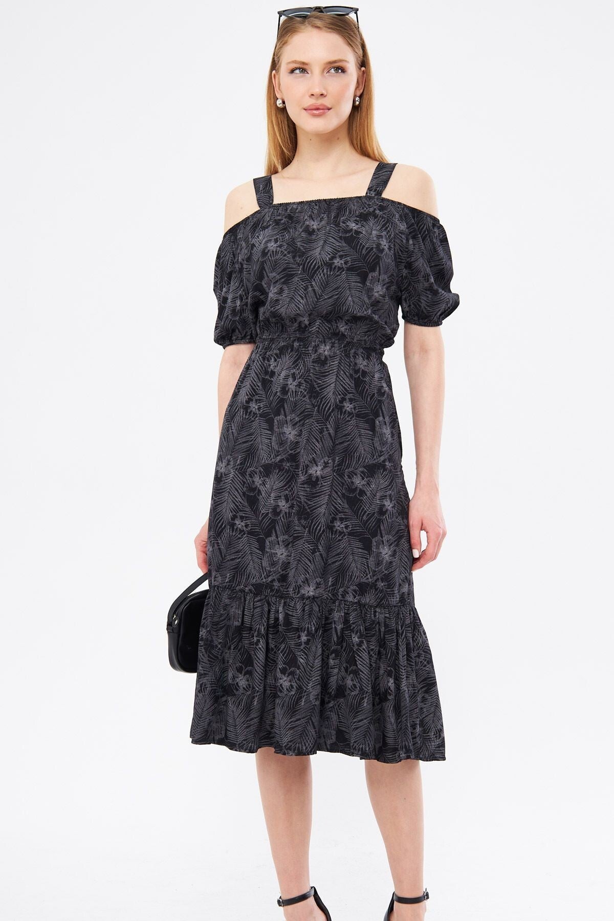 Women's Anthracite Patterned Elastic Waist Strap Dress Arm-23y001053