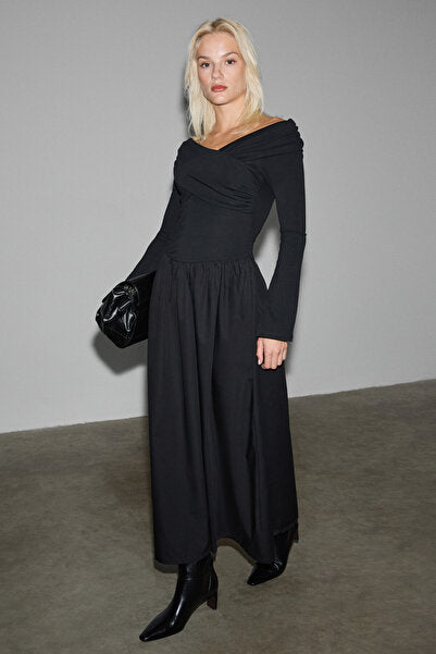 FRUENDO Women's Asymmetrical Collared Top with Stretchy Fabric Skirt Poplin Long Black Dress