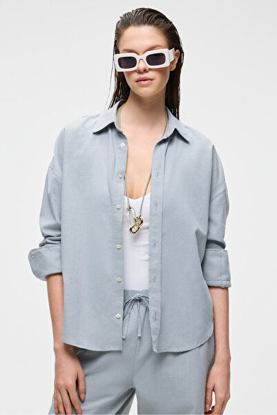 VESTA Women's 100% Cotton Linen Look Flared Oversize Gray Shirt