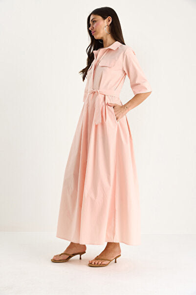 Women's Pleated Skirt, Pocket Detail, Belted Poplin Midi Dress 8441 60283445