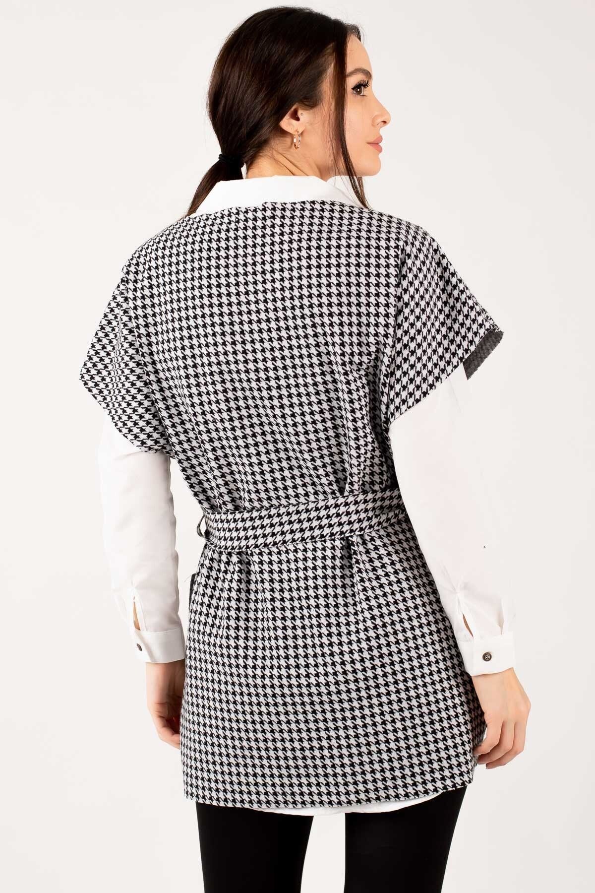 Women's White Small Houndstooth Pattern Tie Waist V-Neck Sweater ARM-21K001070