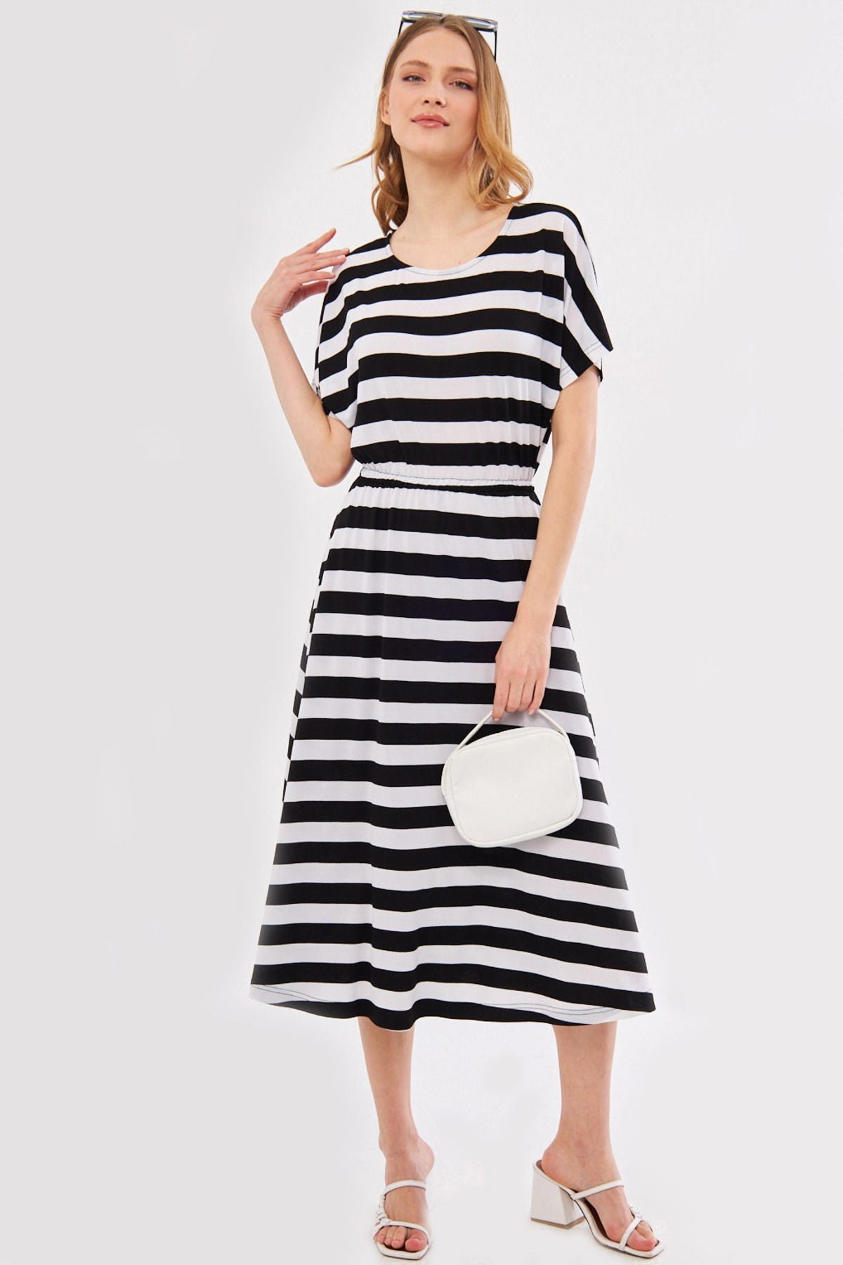 Women's White Dekatessera Dress Bat Sleeve Waist Elastic Skirt Lined Striped Midi Size ARM-24Y001036